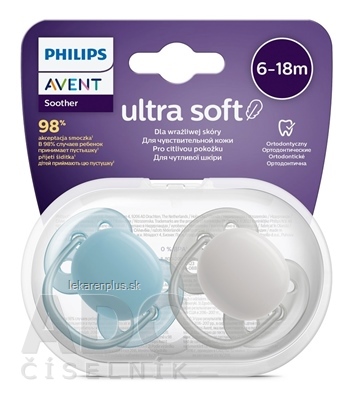 AVENT CUMLÍK Ultra Soft Premium 6-18m chlapec na utišovanie, silikón, FlexiFit, neutral 1x2 ks