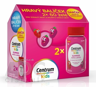 Centrum kids GUMMIES malina a jahoda (darčekové balenie) želé s vitamínmi a minerálmi 2x60 ks + darček: veselé samolepky, 1x1 set