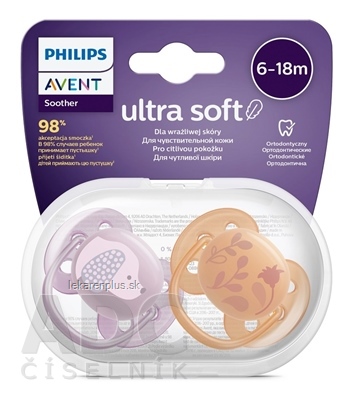 AVENT CUMLÍK Ultra Soft Premium 6-18m dievča na utišovanie, silikón, FlexiFit, zvieratko 1x2 ks