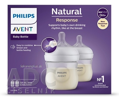 AVENT FĽAŠA Natural Response 125 ml priehľadná, cumlík pre podporu rytmu pitia (0m+) 1x2 ks