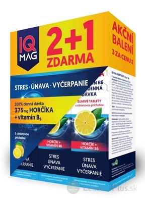 IQ MAG HORČÍK 375 mg + Vitamín B6 šumivé tablety citrónová príchuť (2+1 zadarmo) 3x20 ks (60 ks)