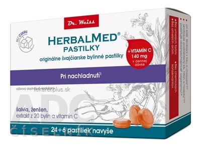 HERBALMED PASTILKY pri nachladnutí - Dr.Weiss bez cukru (šalvia, ženšen, extrakt 20 bylín a vit.C) pastilky (24+6 navyše) 1x30 ks)