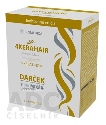 BIOMEDICA 4KERAHAIR Kolagen drink + Darček s keratínom 2x30 ks (60 ks) + darček mini mixér, 1x1 set