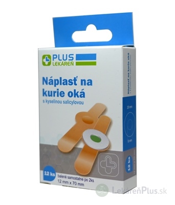 PLUS LEKÁREŇ Náplasť na kurie oká s kyselinou salicylovou, 12 mm x 70 mm, 1x12 ks