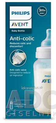 AVENT FĽAŠA Anti-colic 330 ml na kŕmenie dojčiat, cumlík 3m+, antikolikový ventil, 1x1 ks