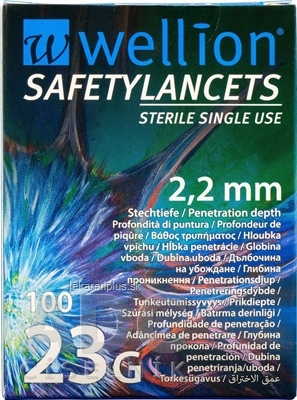 Wellion SAFETYLANCETS 23G - Lanceta bezpečnostná hĺbka vpichu 2,2 mm, sterilná, jednorazová 1x100 ks